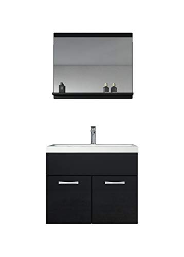 Badezimmer Badmöbel Set Montreal 02 60cm Waschbecken Hochglanz Schwarz Fronten - Unterschrank Waschtisch Spiegel Möbel