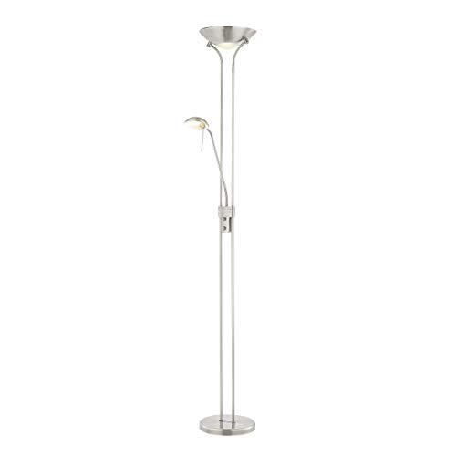 LED Stehlampe Dimmbar Deckenfluter mit Leselampe LED Floor Lamp Uplight Flexibler Leselampe 2 Flammig｜3000K (warmweiß), 8/3W, 640/200L, 30000 Stunden, IP20, 180cm (Metall Silber)