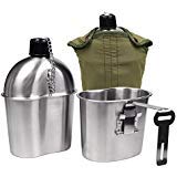 Goetland Edelstahl US Feldflasche Wasserflasche Trinkflasche 1L mit 0,5 L Becher Stofftasche für Camping Wandern Überleben