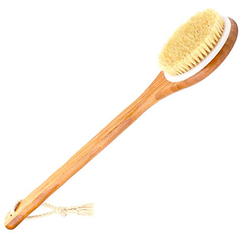 THETIS Homes Badebürste Rückenbürste aus Wildschweinborsten mit Langem Bambus Griff, Rückenschrubber Holzstiel Duschbürste für Haut-Peeling, für Verbesserung der Blutzirkulation, Cellulite Massage