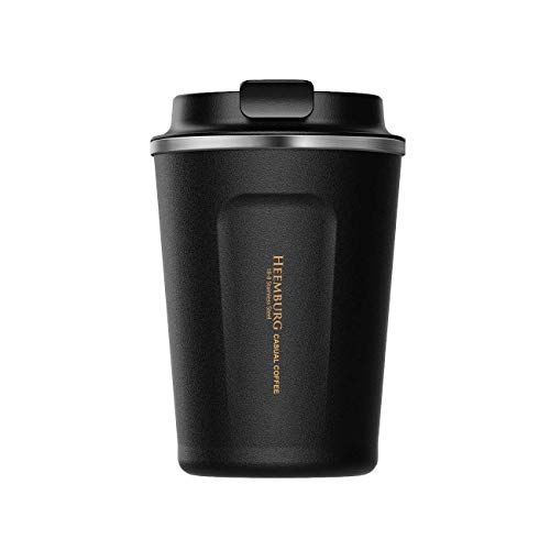 Heemburg Kaffeebecher für unterwegs Coffee to go Thermobecher schwarz 380 ml aus Edelstahl mit Doppelwand Isolierung 100% auslaufsicher Thermo für Kaffee oder Tee (Schwarz, 380ml)