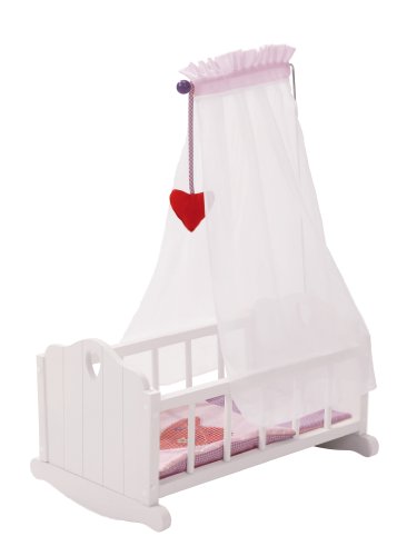 roba Puppenwiege aus Puppenmöbel Serie „Fienchen“, Puppenbett zum Wiegen inkl. textiler Ausstattung, Bettwäsche und Himmel, Puppenzubehör, weiß lackiert