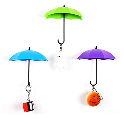 TrifyCore 3 Stück Abnehmbarer Regenschirm Farbe in Form von Wandaufhängern Selbstklebend Lagerung Schlüssel 3D Haken Wandetikett (zufällige Farbe)