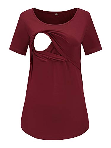 Love2Mi Still-Shirt Damen Umstandstop, Schwangeres Stillen Nursing Schwangerschaft Top Umstandsmode Layereddesign Wickeln-Schicht, Weinrot, L