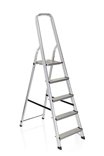 hjh OFFICE 801100 Klappleiter SOLID III Aluminium Trittleiter mit 5 Stufen und Sicherheitsbügel, bis 150kg belastbar