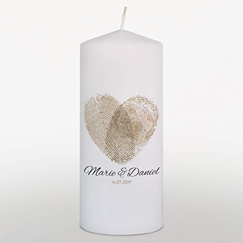 Hochzeitskerze mit Namen und Datum Fingerabdruck (Gold), Traukerze Hochzeit, Weiß