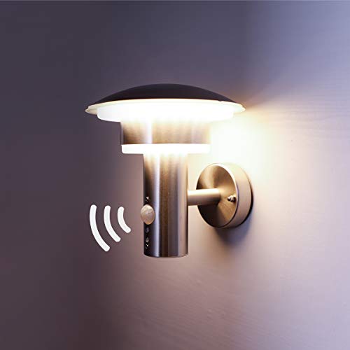 NBHANYUAN Lighting LED Außenlampe mit Bewegungsmelder Aussenwandleuchten Silber Edelstahl 3000K Warmweiß Licht 220-240V 1000LM 9.5W IP44 (mit Bewegungsmelder)