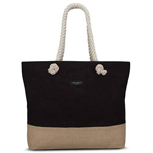LARK STREET Strandtasche Schwarz Beach Bag für Damen & Herren aus robustem Baumwoll Canvas & Jute - Badetasche mit breiten Kordeln für angenehmen Tragekomfort - Große Tasche mit Reißverschluss