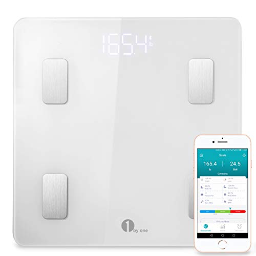 Körperfettwaage 1byone Bluetooth Personenwaage mit iOS und Android APP, Smart digitale Waage für Körperfett, BMI, Gewicht, Muskelmasse, Körperwasser, Muskemaße, Skelettmuskel, Knochengewicht, BMR, usw