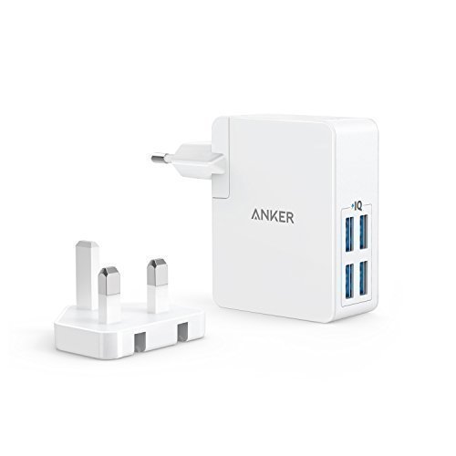 Anker PowerPort Lite 27W 2.4A 4 Port USB Ladegerät mit Austauschbarem UK und EU Reiseadapter und Power IQ für iPhone 8 / 8 Plus / 7 / 6s, iPad Air / mini, Samsung Galaxy / Note, LG, HTC usw. (Weiß)