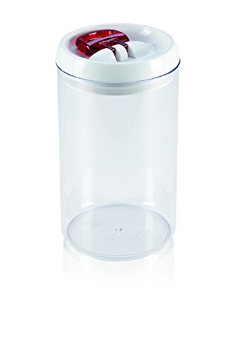 Leifheit Fresh&Easy Vorratsbehälter, rund, luft- und wasserdichte Vorratsdose mit patentierter Einhand-Bedienung, Frischhaltedose, stapelbare Aufbewahrungsboxen, transparent, 2,0 L, rot