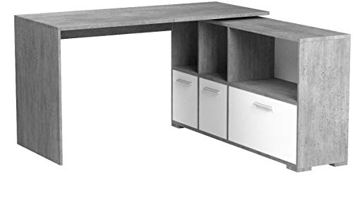 Vicco Eckschreibtisch Flex Computertisch Regal Sideboard schwenkbare Tischplatte, Griffe aus Aluminium (Beton-Weiß)