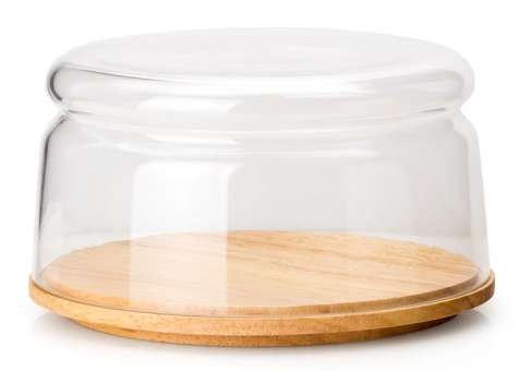 Continenta Käseglocke/Schüssel, 2-tlg. aus Gummibaumholz und mundgeblasenem Glas, Ø 16 x 9 cm