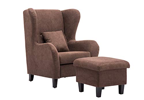 MCombo Ohrensessel Armlehnensessel Relaxsessel Federkern Stoff mit Hocker 7293 (Braun)