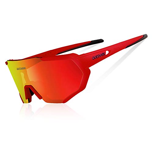 Queshark Radbrille Polarisierte Sportbrille Fahrradbrille mit UV-Schutz 3 Wechselgläser für Herren Damen, für Outdooraktivitäten wie Radfahren Laufen Klettern Autofahren Angeln Golf (Rot)