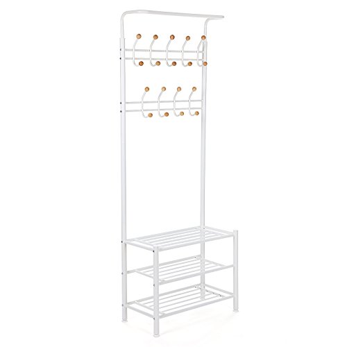 Songmics Garderobenständer Kleiderständer Rohrdurchmesser 32 mm mit 3 schuhablagen mit 18 haken aus metall weiß HSR04W