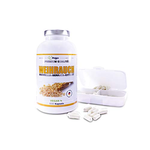 Weihrauch Kapseln, 365 Kapseln inklusive Pillenbox, TOP - PREIS - LEISTUNG, 940mg pro Tagesportion 2 Kapseln, 6 Monatspackung, Premium Qualität, Weihrauch Kapsel hochdosiert Bio, 100% Indischer Boswellia Serrata, Ohne Zusatzstoffe, Vegan, Weihrauchkapseln Made in Germany