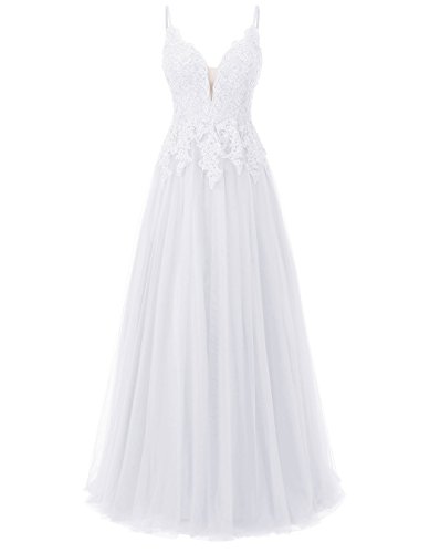 Carnivalprom Damen Spitze Abendkleider Für Hochzeit Elegant Brautkleid Spaghetti-Träger Ballkleider(Weiß,36)