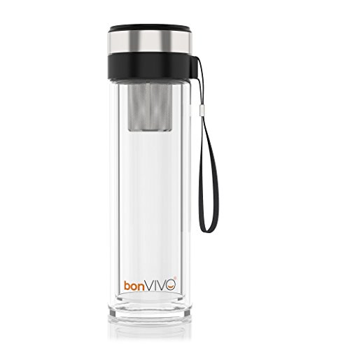 bonVIVO VitaliTEA Glas-Trinkflasche mit Thermo-Funktion und Tea-Filter, 0,45 Liter, in Schwarz