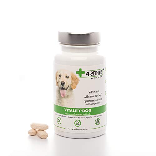 4-Beiner VITALY-Dog, 12 Multi Vitamine, Vitamin B Komplex, Vitamin A, C, E, D + E, Folsäure & Biotin für Hunde + Mineralstoffe Zink, Eisen, Mangan etc, auch ideal beim BARFEN, 100 Tabletten