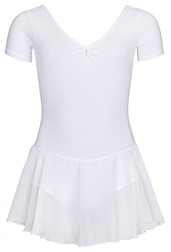 tanzmuster Kurzarm Ballettanzug / Balletttrikot 'Betty' mit luftigem Chiffon Röckchen. Süßes Ballettkleid mit Glitzersteinchen in weiß, Größe:140/146