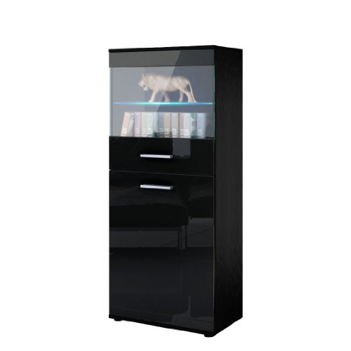 Vladon Vitrine Standvitrine Almada, Korpus in Schwarz matt/Front in Schwarz Hochglanz