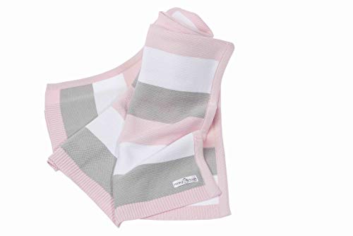 Babydecke aus 100% Bio Baumwolle - kuschelige Strickdecke ideal als Erstlingsdecke, Pucktuch oder Kuscheldecke für Mädchen in rosa/grau/weiß | 90 x 70 cm
