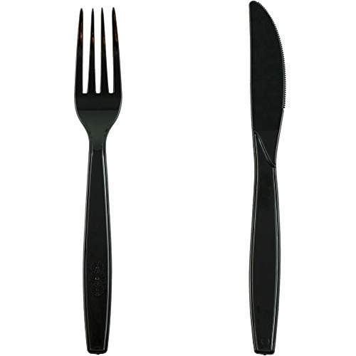 Pritogo 100-teilig, Plastikbesteck-Set, je 50 Gabeln und 50 Messer Schwarz, BPA-frei, Extra Stabil und groß (19,5cm)