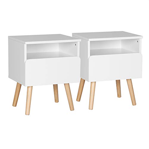 WOLTU Nachttisch 2er Set Nachtkommode Nachtschrank Beistelltisch Sofatisch, mit Schublade und Offenem Fach, mit Beinen, Holz, Weiß, 40x33,5x50cm(BxTxH), TSR58ws-2