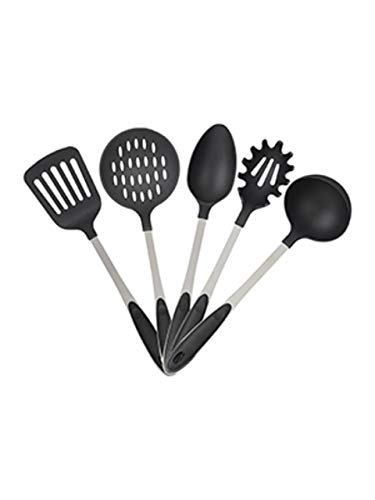 Relaxdays Kochbesteck 5er Set, Schöpflöffel, Servierlöffel, Nudellöffel, Wender, Schaumlöffel, Edelstahl, Silber/schwarz, Standard