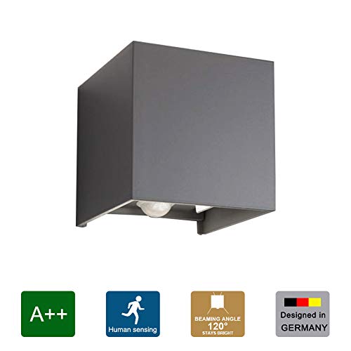 Klighten LED Wandleuchte mit Bewegungsmelder, 12W Wandbeleuchtung mit Einstellbar Abstrahlwinkel IP 65 Wasserdichte Außenwandleuchten Innen/Aussen Wandlampe, Natürliche Weiße,Dunkelgrau