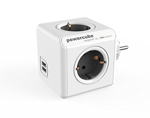 allocacoc PowerCube Duo USB Original Grau, Reiseadapter & 4x Steckdose und Verteiler mit 2 x USB, 230V Schuko, Weiß Grau