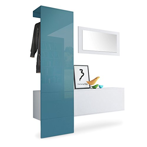 Garderobe Wandgarderobe Carlton Set 4, Korpus in Weiß matt / Paneel in Petrol Hochglanz
