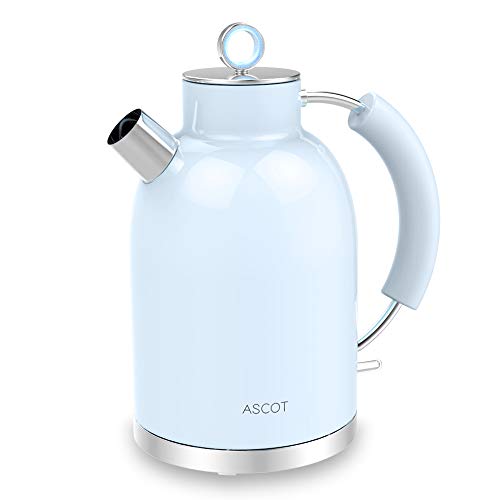 Wasserkocher Edelstahl, ASCOT Elektrischer Wasserkessel, 2200 W, 1,6 liter, Retro Design, kabelloser Teekocher, BPA frei, Trockengehschutz, automatische Abschaltung, Blau