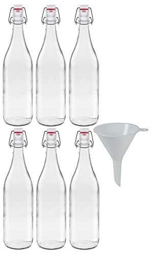 mikken 6X Glasflasche 1 Liter mit Bügelverschluss aus Porzellan, inkl einem Trichter