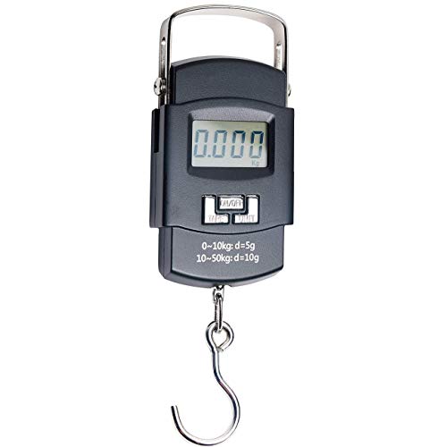 Rhorawill Digitale Tragbare Kofferwaage Gepäckwaage Hängewaage Digitalwaage Fischwaage Mobile Waage Reisewaage mit Tara-Funktion bis 110lb / 50kg Geschenk für Reisende, Silber, Angelgepäck