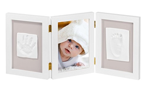 NIMAXI Baby Bilderrahmen mit Gipsabdruck, Größe 35x15cm, Farbe weiß, Bilderrahmen Abdruckset Handabdruck und Fußabdruck