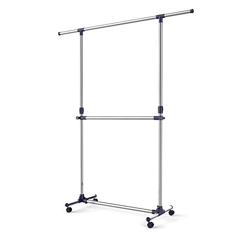 SONGMICS Kleiderständer Garderobenständer mit Rollen Höhenverstellbar von 113 bis 198 cm, Edelstahl plattierte Rohre