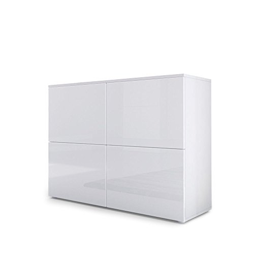 Vladon Kommode Sideboard Rova, Korpus in Weiß Matt/Türen in Weiß Hochglanz und Weiß Hochglanz