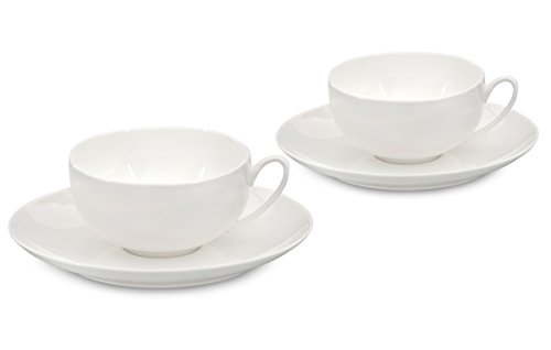 Buchensee Teetassen Set / Teeset / Teeservice 4-teilig weiß, Teetassen mit Unterteller 150ml, Fine Bone China Porzellan, Original Aricola