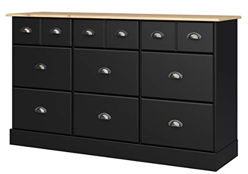 Loft24 Lorca Apothekerkommode Kommode Sideboard Schubladenkommode Schrank Anrichte Landhaus Kiefer MDF 9 Schubladen (schwarz & Natur)