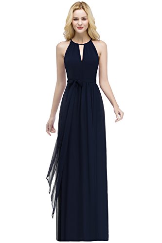 MisShow Damen Chiffon Langes Party Ballkleid Abendkleid Abschlusskleid Navyblau Gr.36
