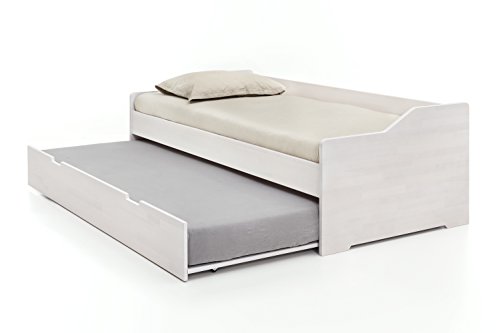 Massivholz-Gästebett aus Kernbuche weiß, ausziehbares Doppel-Bett, als Jugend- & Kinderbett verwendbar, Funktionsbett aus Holz, Bett 90 x 200 cm