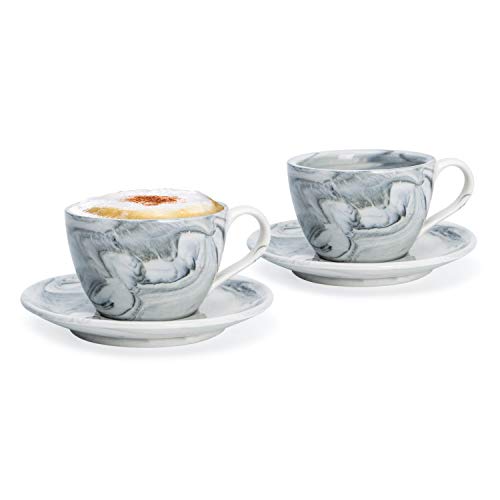 Hausmann & Söhne Cappuccino Tassen dickwandig | Set 4-TLG. | 2er Set Schwarze Marmor Tassen mit Untertasse | Porzellan | Tasse 170 ml (210 ml randvoll) | Tassen mit Untersetzer | Geschenkidee