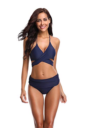 SHEKINI Damen Dunkle Farbe Geteilter Badeanzug Push up Bikini Set Neckholder Bikini Oberteil Mit High Waist Bikini Bottom Damen Badeanzug Sport Zweiteiliger Badeanzug