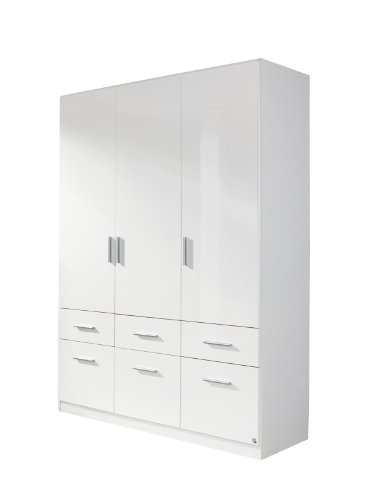 Rauch Drehtürenschrank Celle - 3-türiger Kleiderschrank mit 6 Schubladen - Front in Hochglanz Weiß, 54 x 136 x 197 cm