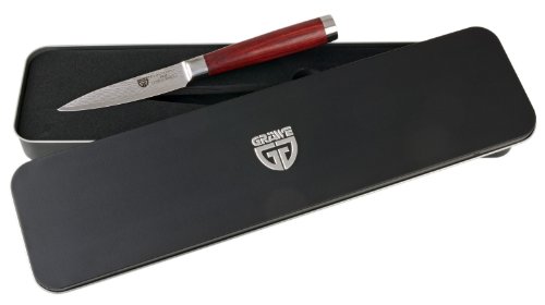 GRÄWE Damaszener Gemüsemesser 10 cm Klinge - kleines Damast-Küchenmesser mit Pakkawood-Griff, in Metall-Box
