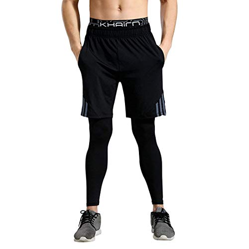 GWELL Herren Laufhose 2 in 1 Lang Sport Fitness Split Shorts Trainingshose grau EU L