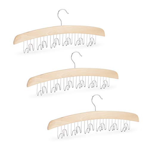 Relaxdays 3X Gürtelhalter Kleiderschrank, Haken für je 12 Gürtel, 360° drehbarer Haken, Lotusholz, HBT 17x43x5cm, Natur/Silber