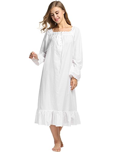 Avidlove Damen Lang Nachthemd Langarm Kleid Schlafanzüge Nachtwäsche Negligees Dessous Baumwolle Reine Farbe Weiß